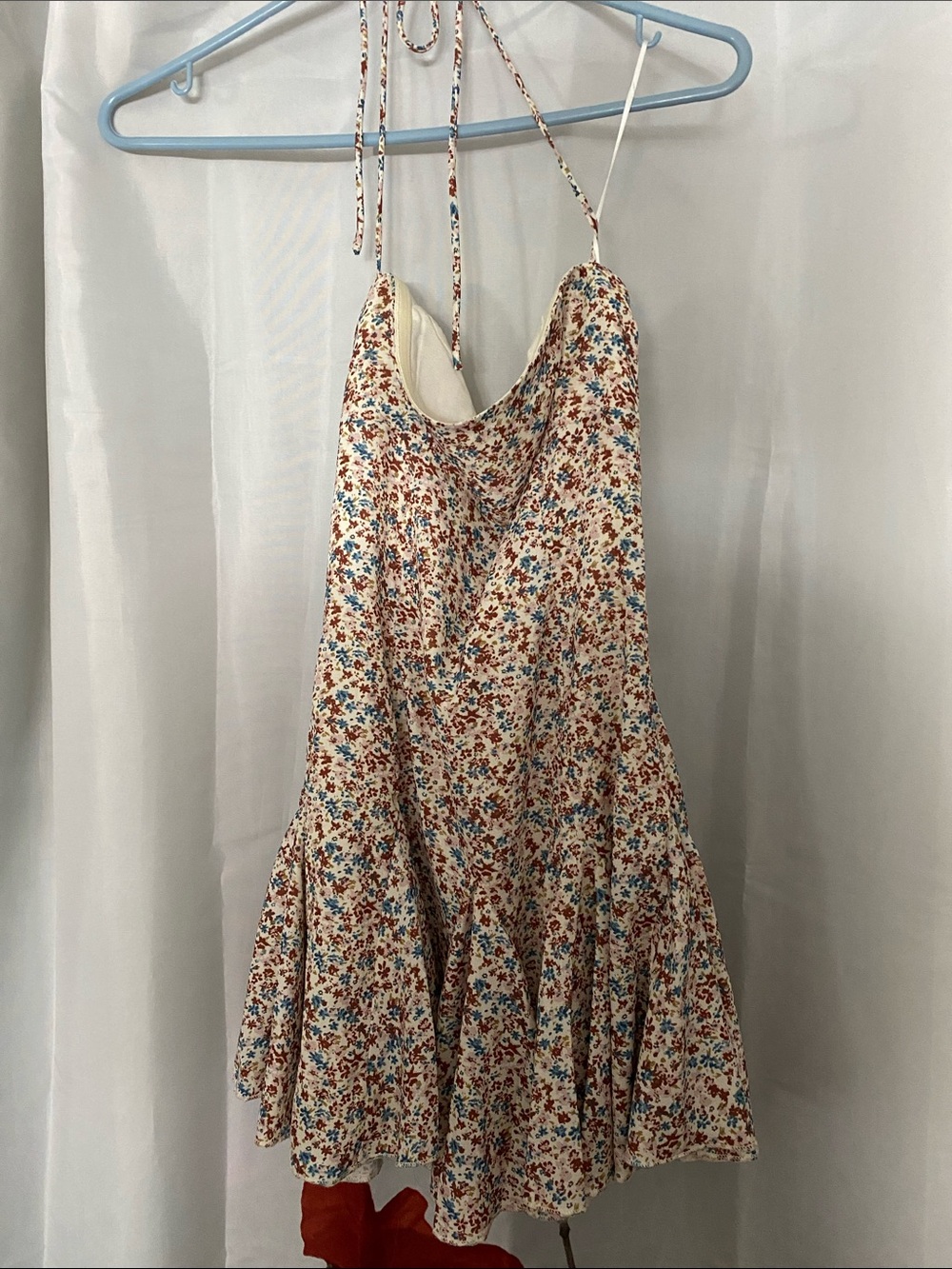 Princess Polly Cream Floral Halter Mini Dress with Rust & Blue Print Size 0